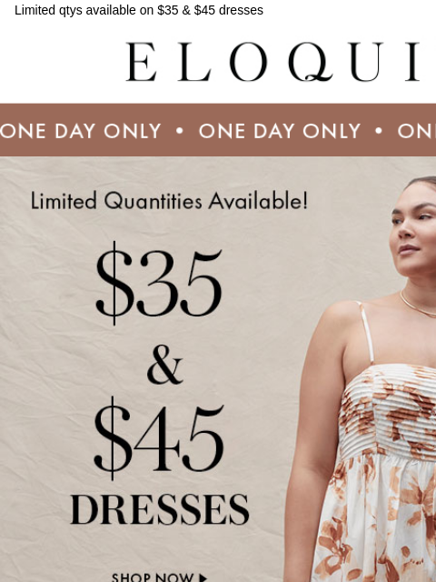 Limited qtys available on $35 & $45 dresses Logo One day only Hero Sale BB Shop Dresses NEW ARRIVALS BEST SELLERS DRESSES WORKWEAR DAILY DEAL SALE You are receiving this email because you signed up