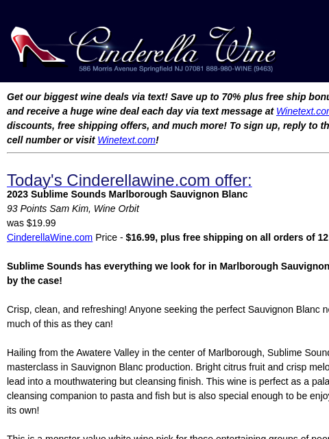 Get our biggest wine deals via text! Save up to 70% plus free ship bonus offers! Sign up and receive a huge wine deal each day via text message at Winetext.com! Massive price discounts, free shipping