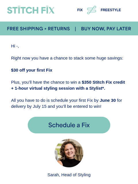 stitchfix newsletter: $30 off + chance to win $350!