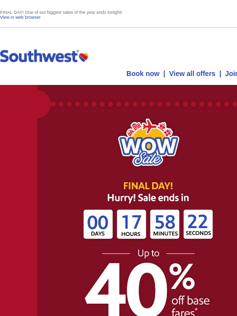 southwest newsletter: Last day to save up to 40% off fares!
