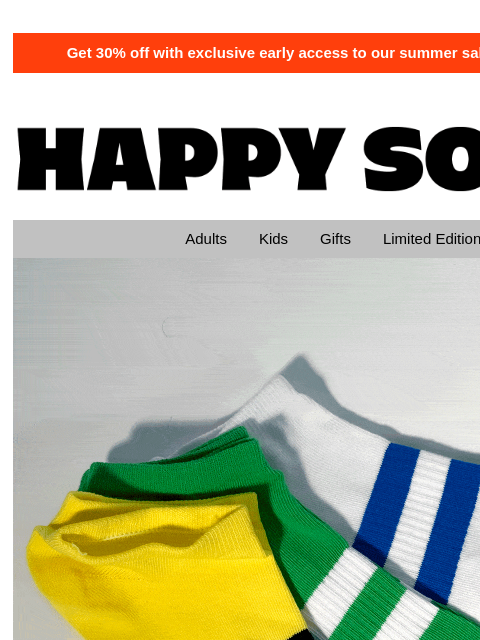 Check out the styles that'll elevate your outfit this spring! Get 30% off with exclusive early access to our summer sale! Use code PRE30US HappySocks Adults Kids Gifts Limited Editions Low Socks