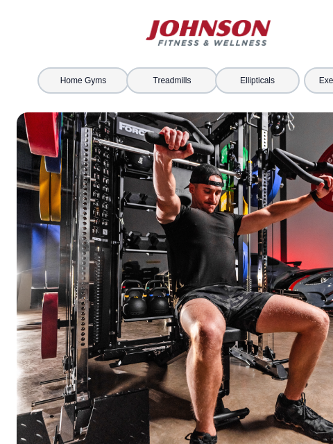 Save big on cardio + strength gear before Father's Day! Johnson Fitness & Wellness Home Gyms Treadmills Ellipticals Exercise Bikes Man doing shoulder press on Force USA home gym in upscale