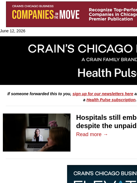 crainalerts newsletter: Hospitals struggle to get paid for virtual care