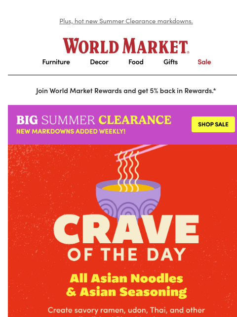 emailworldmarket newsletter: 🍜 TODAY ONLY: Earn 100 Points on any Asian noodle...