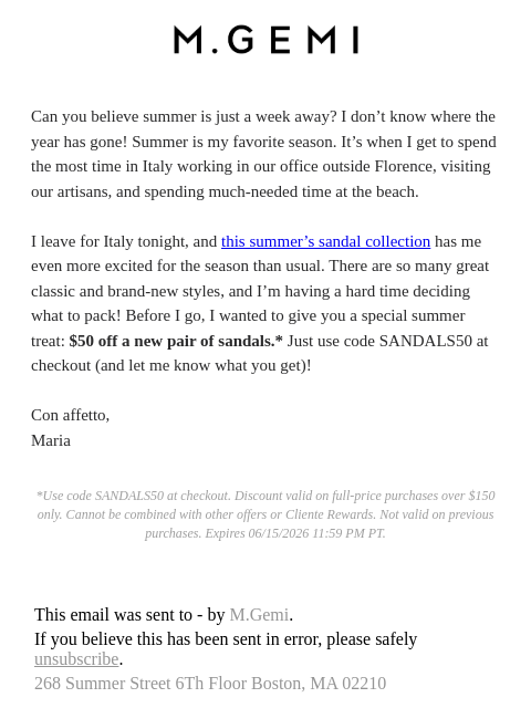 mgemi newsletter: Summer Treat: $50 Off Sandals