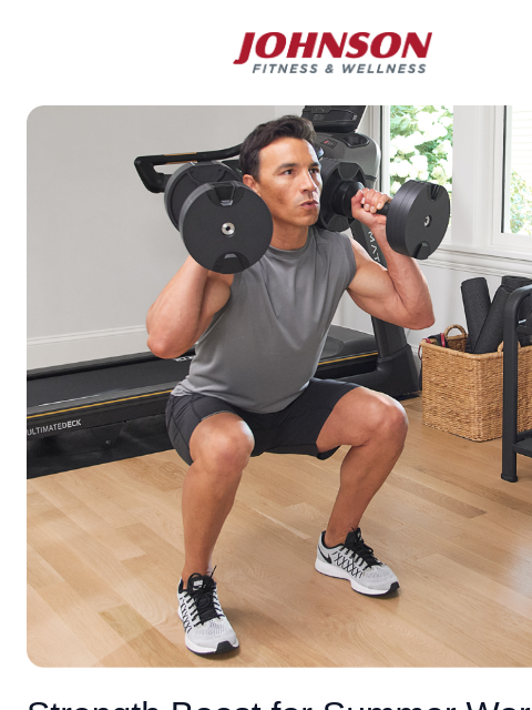 Discover top strength brands this Father's Day! Johnson Fitness & Wellness Man doing dumbbell squats with Matrix DB50's Strength Boost for Summer Workouts Just like Dad, let's be strong