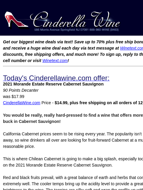 Get our biggest wine deals via text! Save up to 70% plus free ship bonus offers! Sign up and receive a huge wine deal each day via text message at Winetext.com! Massive price discounts, free shipping
