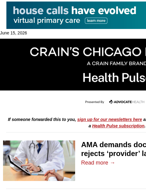 crainalerts newsletter: AMA tackles AI question, 'provider' label