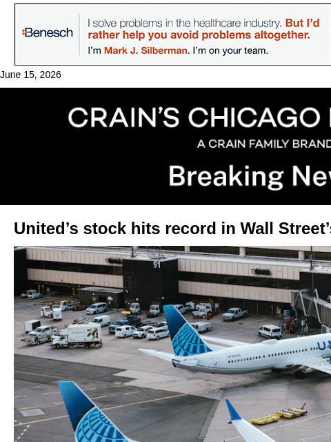 crainalerts newsletter: United Airlines stock hits historic high