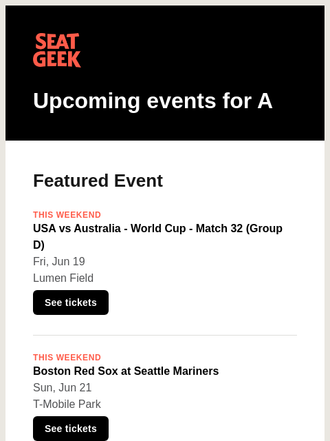 seatgeek newsletter: USA vs Australia - World Cup - Match 32 (Group D)/...