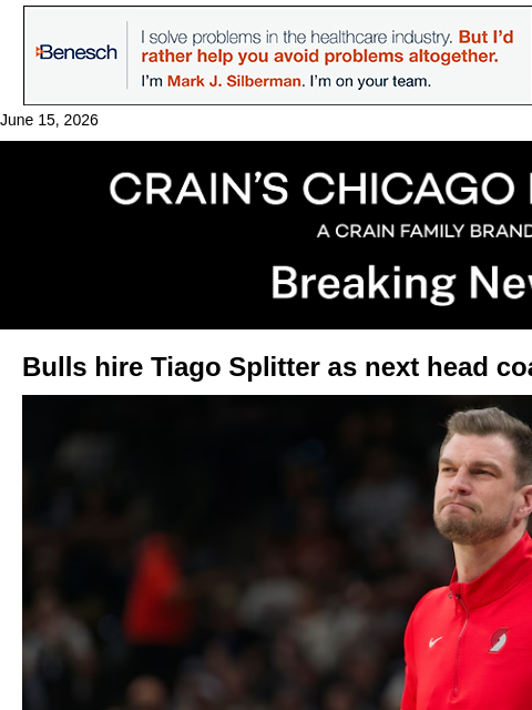 crainalerts newsletter: Bulls hire replacement for Billy Donovan