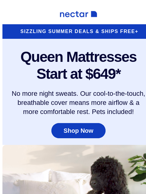 Hot summer. Cozy nights. Every Nectar mattress includes a cooling cover, to promote heat-wicking and restful ZZZs. Peek inside to learn more... Nectar Logo Sizzling Summer Deals & Ships Free+ Queen