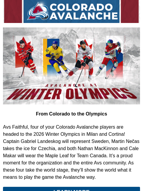 thecoloradoavalanche newsletter: ⛰️Avalanche Players Selected for 2026 Olympics