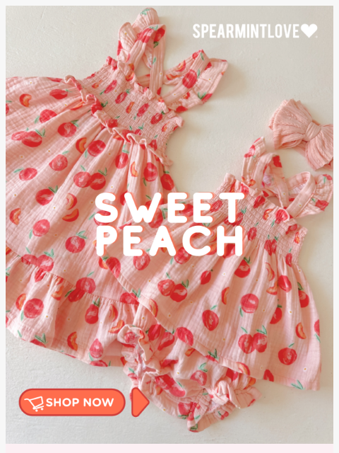 Sweet Peach print baby clothing Sweet, soft, and peach-perfect. Up to 6yr! Image of Ruffle Strap Smocked Top & Bloomer, Sweet Peach Ruffle Strap Smocked Top & Bloomer, Sweet Peach Shop now