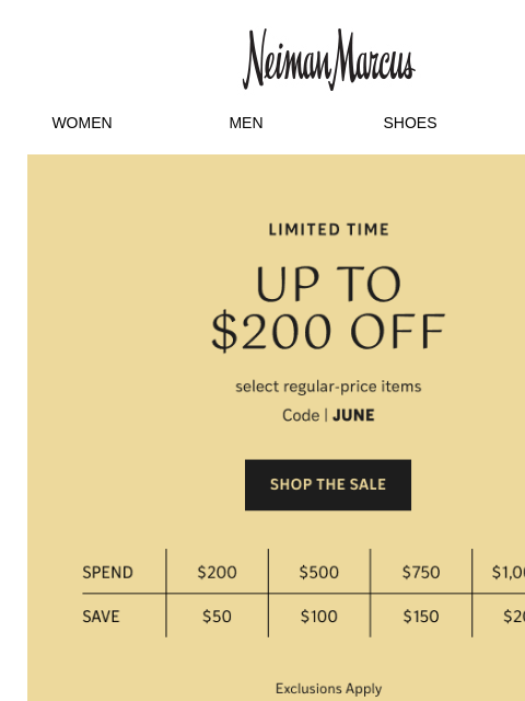 neimanmarcus newsletter: Take $50-$200 off your next purchase