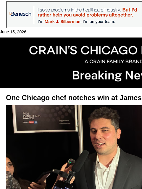 crainalerts newsletter: One Chicago victor at James Beard Awards