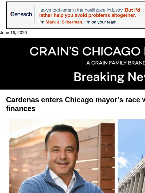 crainalerts newsletter: George Cardenas enters mayoral race