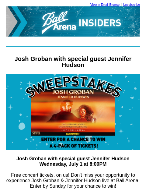 kroenkeentertainment newsletter: Enter To Win: Josh Groban & Jennifer Hudson on 7/1...