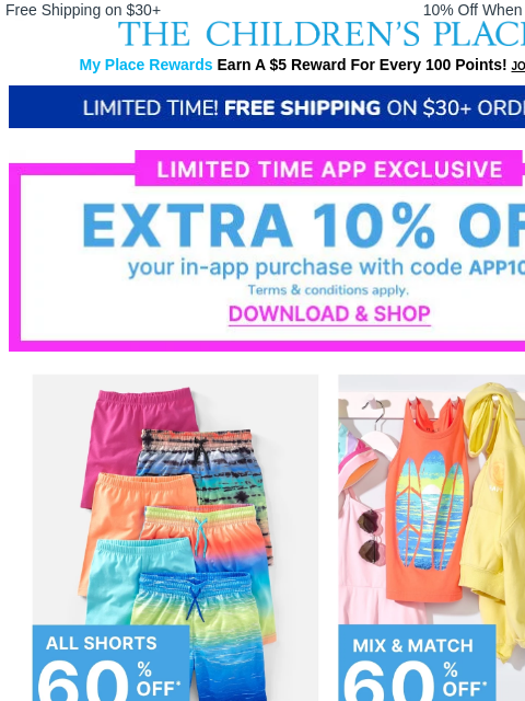 childrensplace newsletter: 60% off Shorts! Limited Time & Online Only!