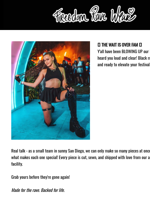 freedomravewear newsletter: Yup it's a Black Mesh Restock