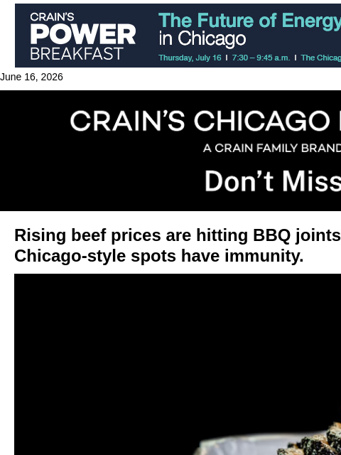 crainalerts newsletter: Barbecue joints grapple with rising beef costs