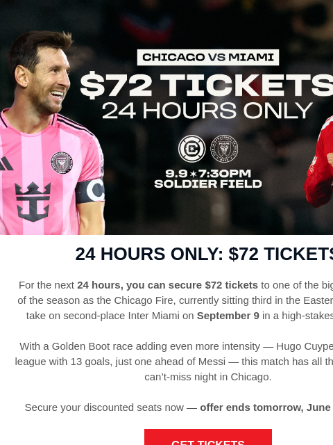chicagofirefc newsletter: 24 Hours Only 🚨 $72 Tickets