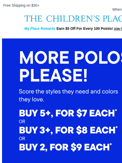 childrensplace newsletter: Summer-Perfect Polos Now 5+ for $7 each 👕