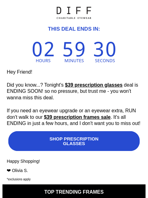 diffeyewear newsletter: Hurry $39 Prescription Glasses ENDING TONIGHT ⌛
