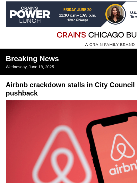 crainalerts newsletter: Airbnb crackdown stalls in City Council