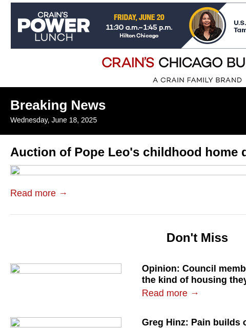 crainalerts newsletter: Auction of Pope Leo's childhood home delayed