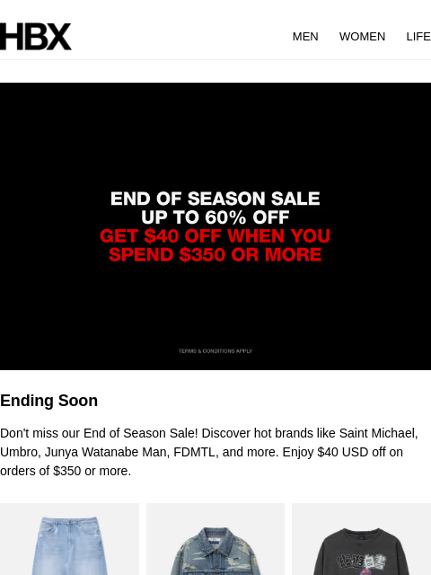 hbx newsletter: Last 24 Hours: Up to 60% Off & an Extra $40 Off