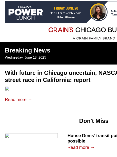 crainalerts newsletter: NASCAR nears San Diego street race deal: report