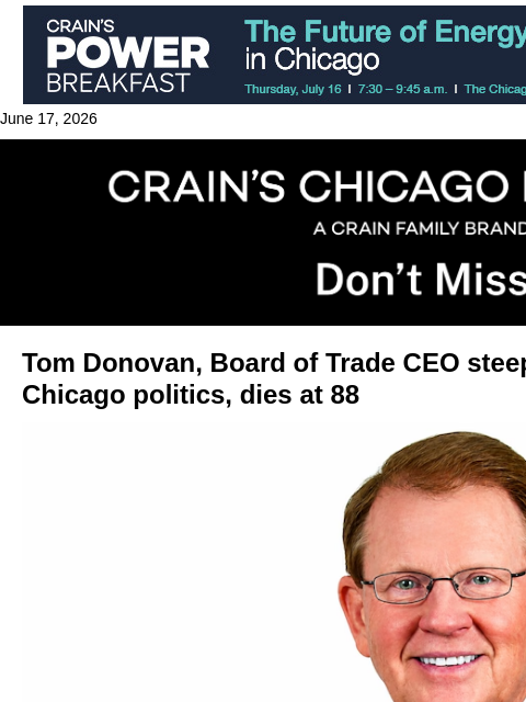 crainalerts newsletter: Tom Donovan dies at 88