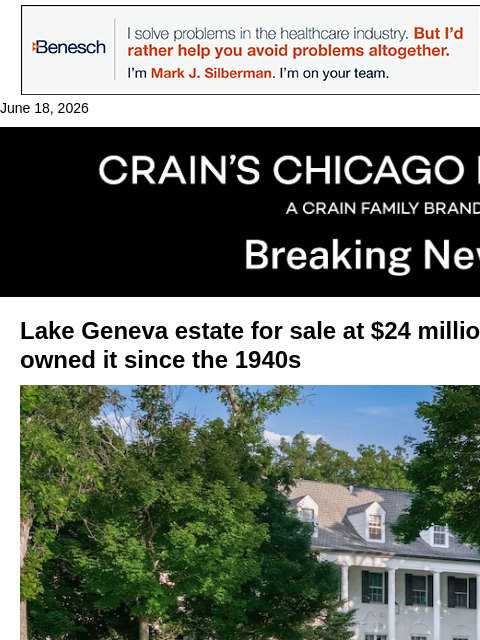 crainalerts newsletter: Lake Geneva estate for sale at $24M