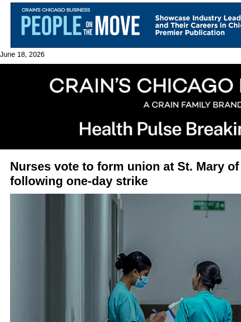 crainalerts newsletter: St. Mary nurses vote to form union