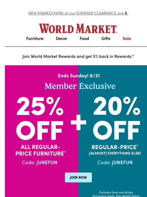 emailworldmarket newsletter: 🌸 Rooms in BLOOM! 25% off furniture.