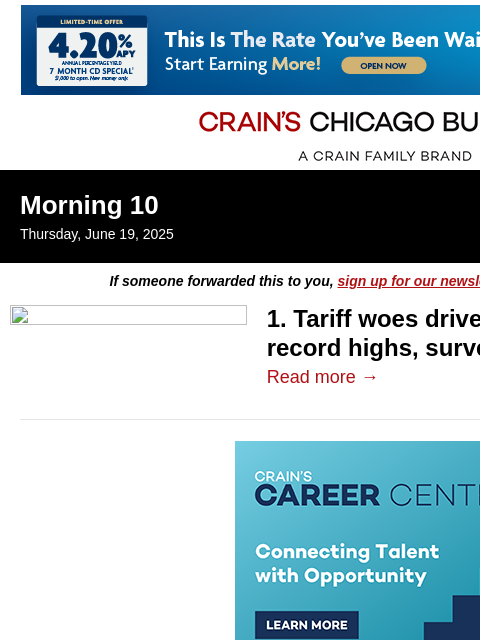 crainalerts newsletter: Tariffs drive CFOs’ worries to record highs