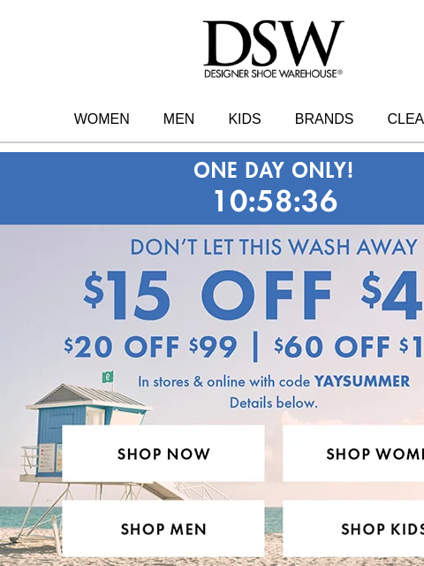 dsw newsletter: $15 OFF—TODAY ONLY ⚠️