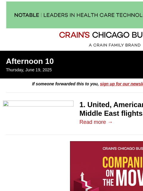 crainalerts newsletter: United and American halt some Middle East flights