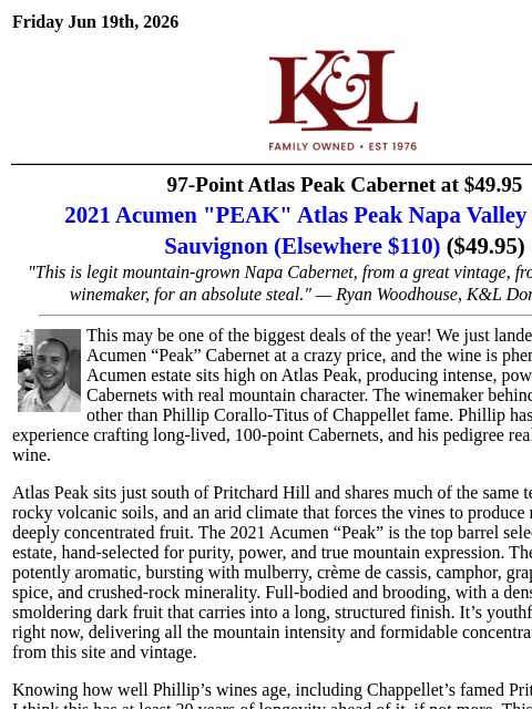 klwines newsletter: Mountain-Grown Napa Cab from a 100-Point Winemaker...