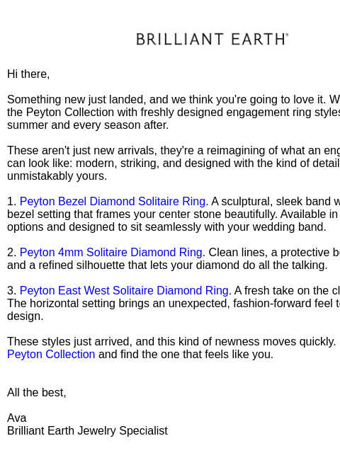 brilliantearth newsletter: Just arrived: The Peyton Collection is here