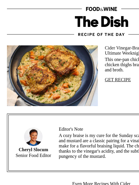 foodandwine newsletter: Chicken Thighs Braised in Cider Vinegar