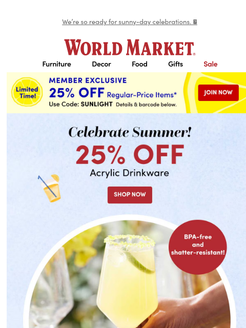 emailworldmarket newsletter: 😎 25% off summertime must-haves!