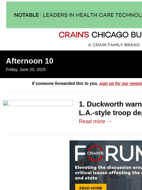 crainalerts newsletter: Duckworth braces for troops in Chicago