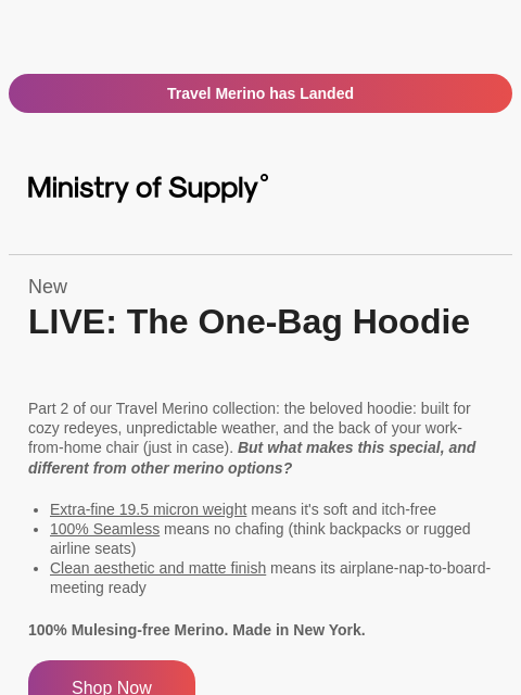 ministryofsupply newsletter: Launching (and Explaining) the Travel Merino Hoodi...