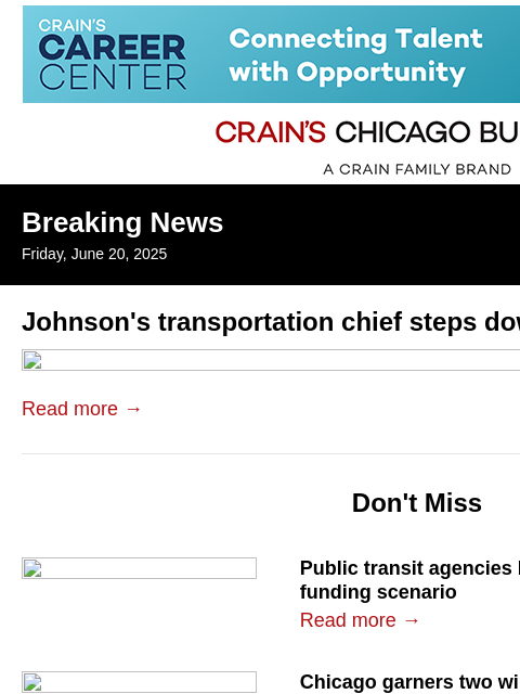 crainalerts newsletter: Johnson's transportation chief steps down