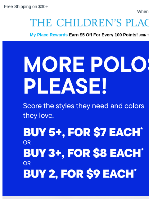 childrensplace newsletter: Polos 5+ for $7 each with a Summertime Spin 👕