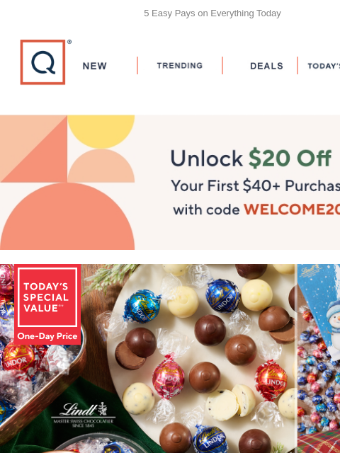 qvcemail newsletter: One-Day Price! Lindt LINDOR Truffles + Get $20 Off