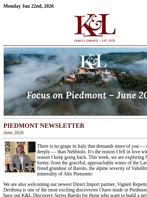 klwines newsletter: Our Italian Buyer's Top Nebbiolo Picks