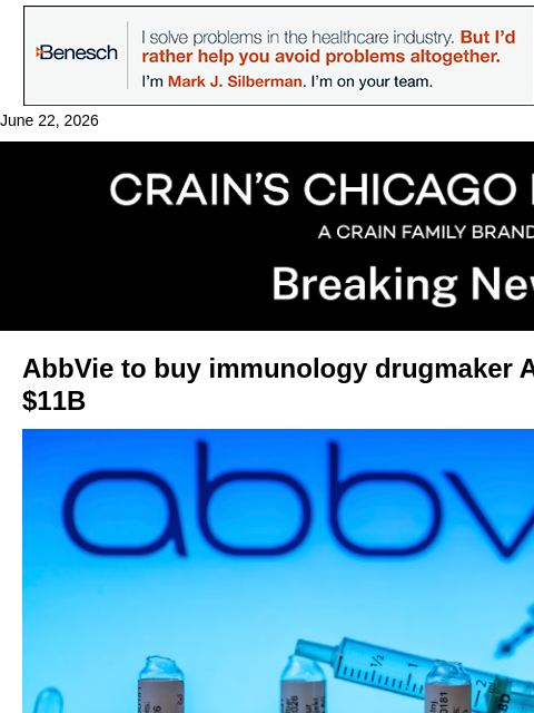 crainalerts newsletter: AbbVie to acquire immunology drugmaker in $11B dea...